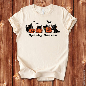 Spooky Season Halloween cat t-shirt in Natural, flat lay