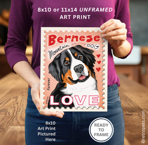 Bernese Mountain Dog Art, Bernese Gifts, Bernese Art Print, Bernese LOVE Stamp | Retro Pets