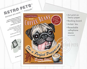 Puggaccino Pug Art | Puggaccino Pug Print Art | Retro Pets Art