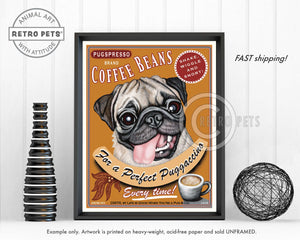 Puggaccino Pug Art | Puggaccino Pug Print Art | Retro Pets Art