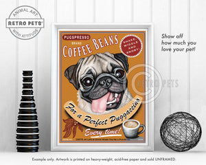 Puggaccino Pug Art | Puggaccino Pug Print Art | Retro Pets Art