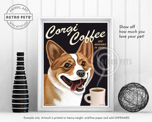Corgi Coffee Corgi Art | Corgi Coffee Framed Art | Retro Pets Art