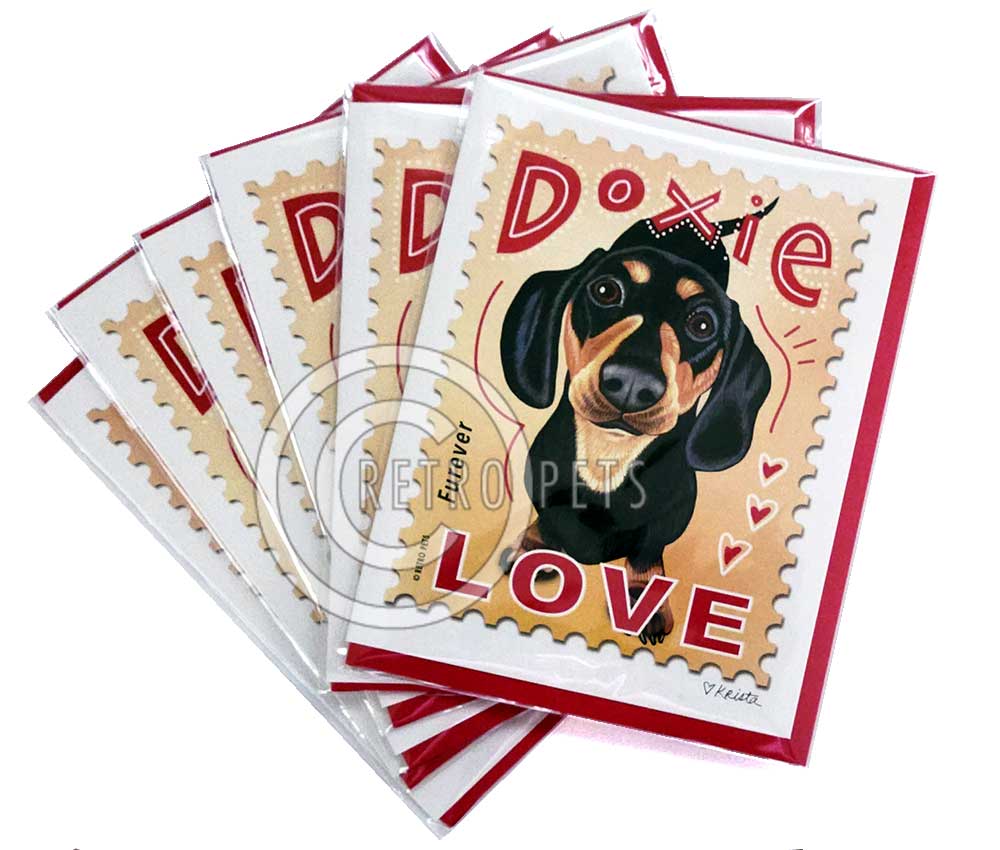 Dachshund Art Faux Postage Stamp 6 Small Greeting Cards | Retro Pets