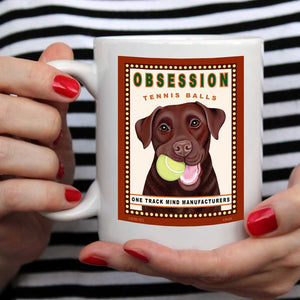 Labrador Retriever Art "Obsession Tennis Balls - Chocolate Lab" 15 oz. White Mug