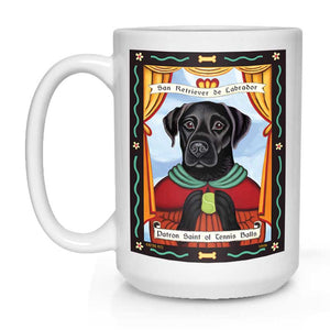 Labrador Retriever Art "Saint of Tennis Balls - Black Lab" 15 oz. White Mug