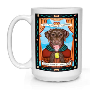 Labrador Retriever Art "Saint of Tennis Balls - Chocolate Lab" 15 oz. White Mug