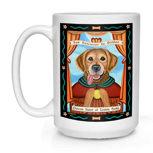 Labrador Retriever Art "Saint of Tennis Balls - Golden Retriever" 15 oz. White Mug