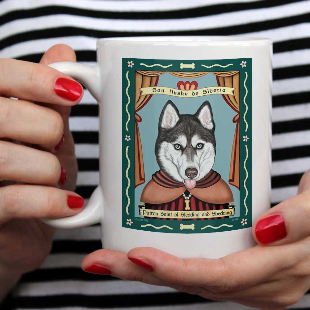 Siberian Husky Art (Blue eyes) "Saint of Sledding and Shedding" 15 oz. White Mug