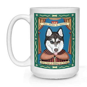 Siberian Husky Art (Blue and Brown eyes) "Saint of Sledding and Shedding" 15 oz. White Mug