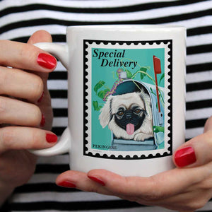 Pekingese Art "Special Delivery Stamp" 15 oz. White Mug