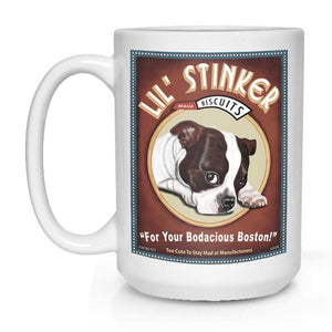Boston Terrier Art (Brown and White) "Lil' Stinker Biscuits" 15 oz. White Mug