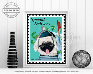 Pekingese Art "Special Delivery Pekingese" Art Print by Krista Brooks