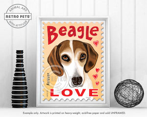 Beagle Art, Beagle Gifts, Beagle Wall Art, Beagle LOVE Stamp UNFRAMED but shown in frame as example