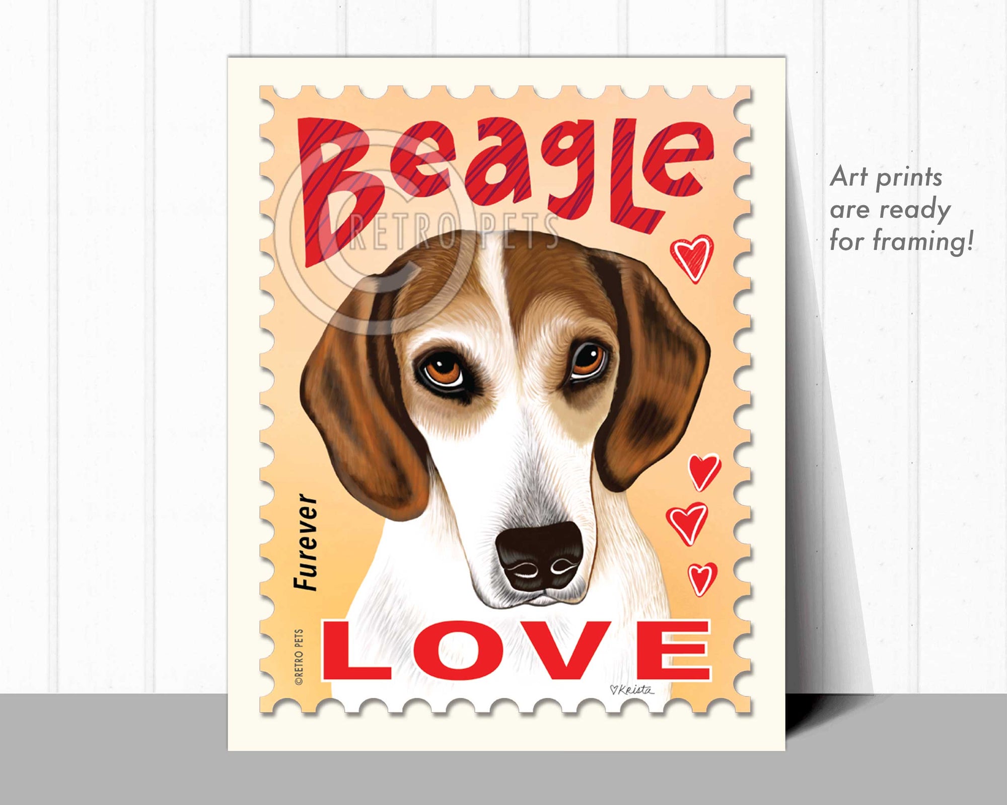 Beagle Art, Beagle Gifts, Beagle Wall Art, Beagle LOVE Stamp  UNFRAMED but shown in frame as example