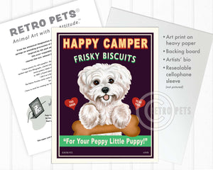 Maltese Art "Happy Camper Frisky Biscuits" Art Print by Krista Brooks