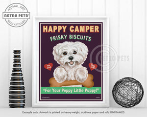 Maltese Art "Happy Camper Frisky Biscuits" Art Print by Krista Brooks