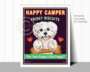 Maltese Art "Happy Camper Frisky Biscuits" Art Print by Krista Brooks