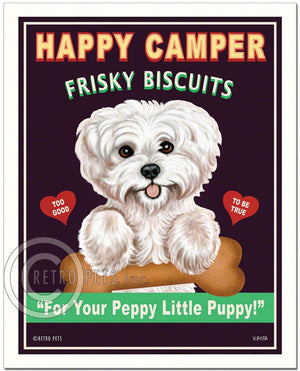 Maltese Art "Happy Camper Frisky Biscuits" Art Print by Krista Brooks