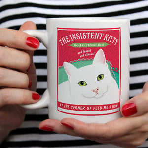 white cat art, insistent kitty, retro pets, gift for cat lover, cat lover gift, coffee mug