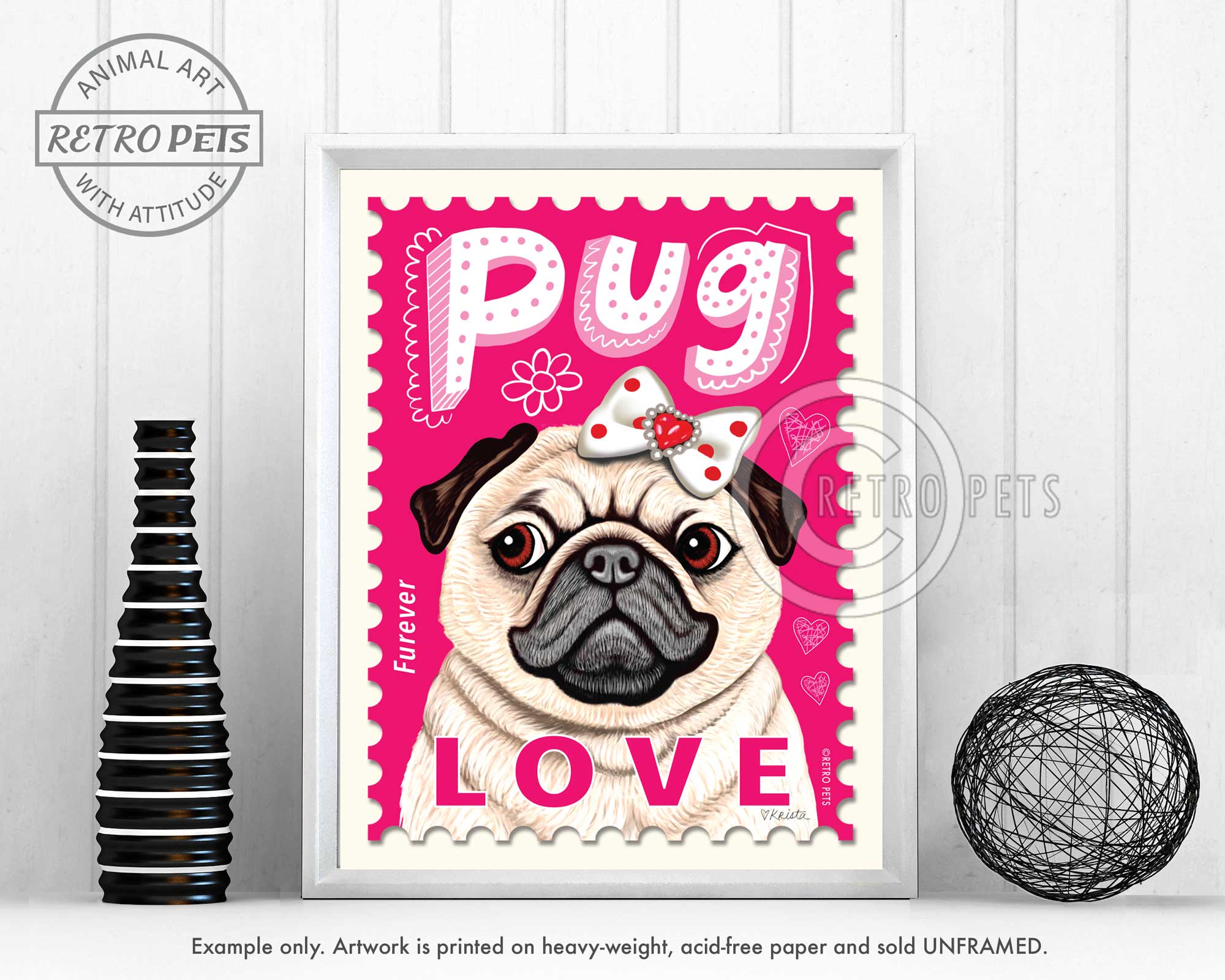 Pug Dog Art, Pug Gifts, Pug Art Print, Pug LOVE Stamp | Retro Pets