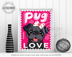 Black Pug Art "Faux LOVE Furever Stamp" Art Print - FREE SHIPPING!