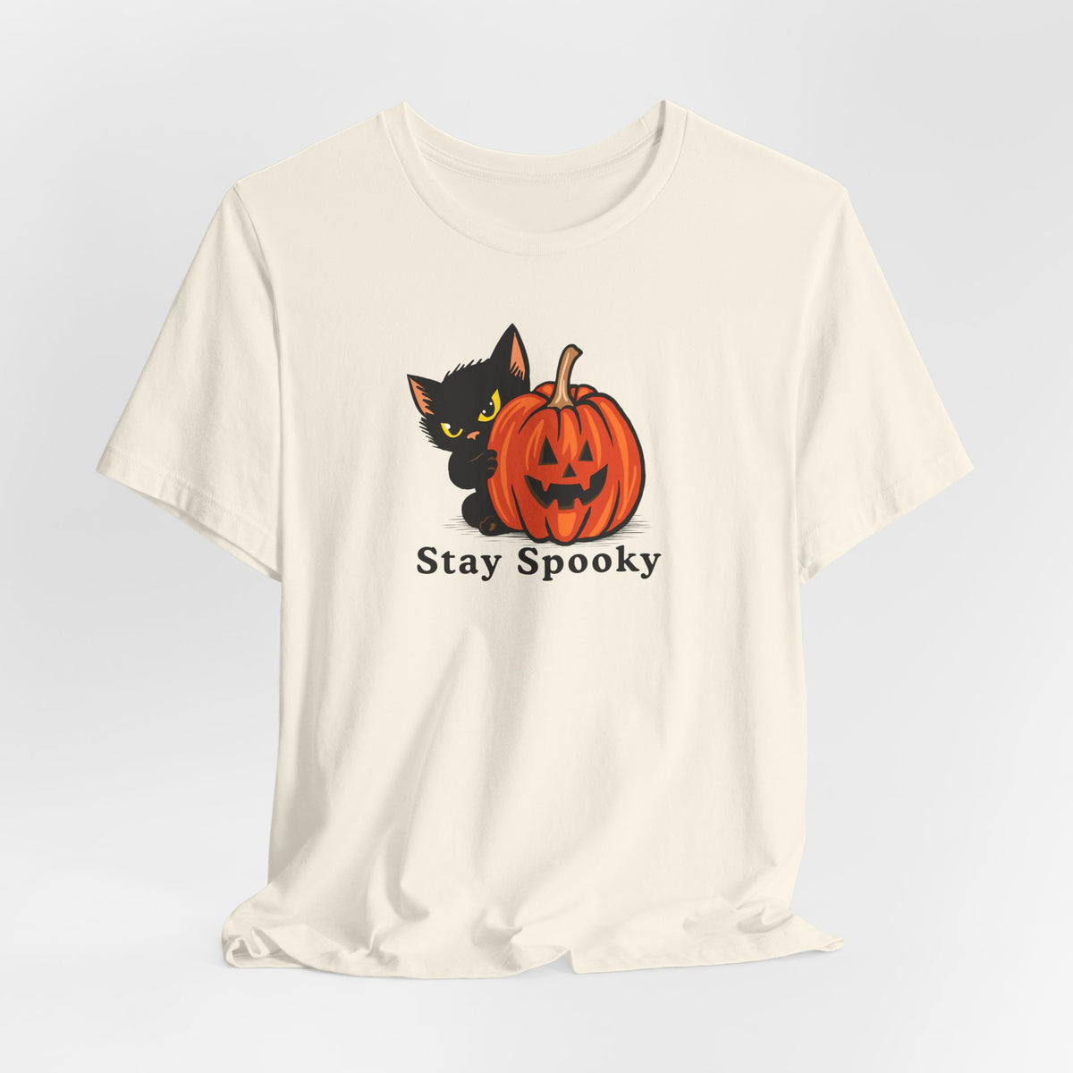 Stay Spooky Halloween cat t-shirt shown in an alternate color