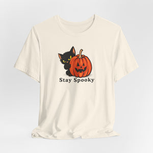 Stay Spooky Halloween cat t-shirt shown in an alternate color