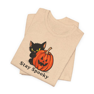 Stay Spooky Halloween cat t-shirt, folded