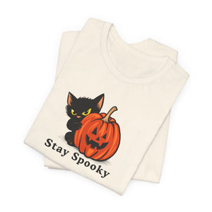 Close-up of the black cat and jack-o'-lantern design on the Stay Spooky t-shirt
