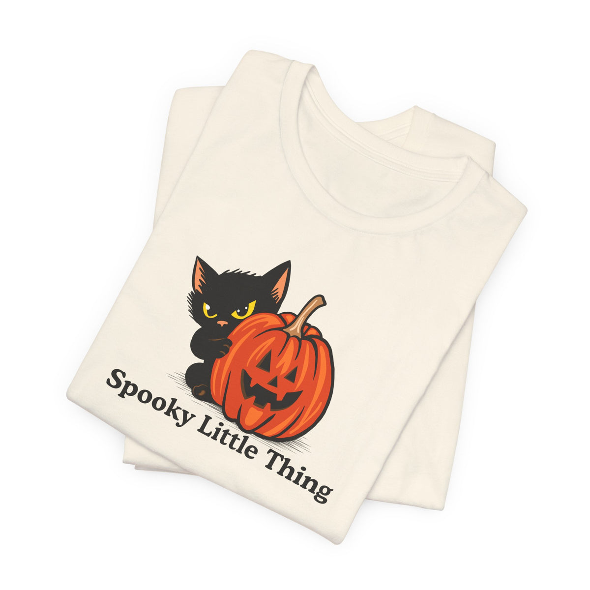 Close-up of the black cat and jack-o'-lantern design on the Spooky Little Thing t-shirt