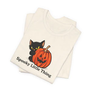 Close-up of the black cat and jack-o'-lantern design on the Spooky Little Thing t-shirt