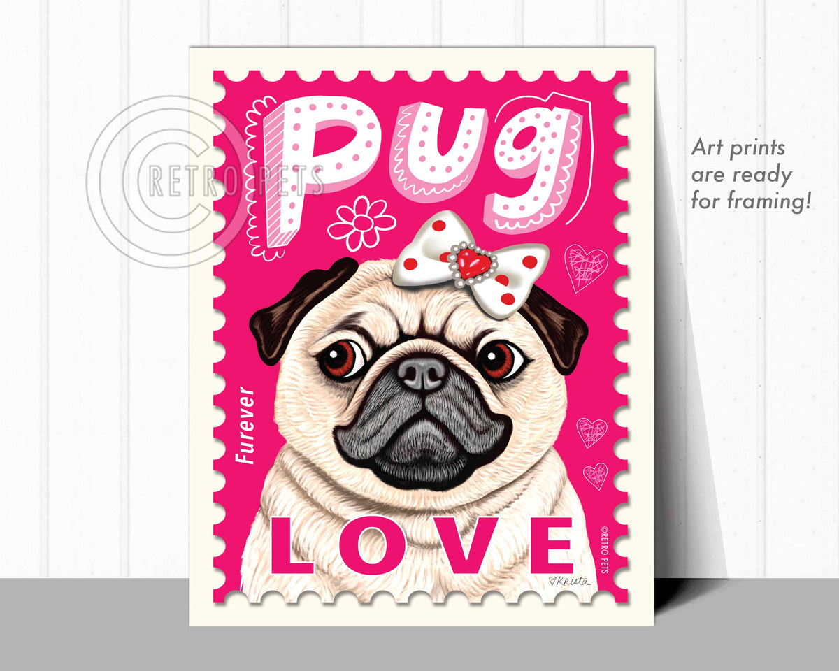 Pug Dog Art, Pug Gifts, Pug Art Print, Pug LOVE Stamp | Retro Pets