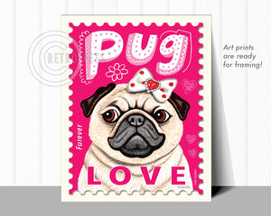 Pug Dog Art, Pug Gifts, Pug Art Print, Pug LOVE Stamp | Retro Pets