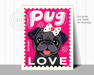 Black Pug Art "Faux LOVE Furever Stamp" Art Print - FREE SHIPPING!