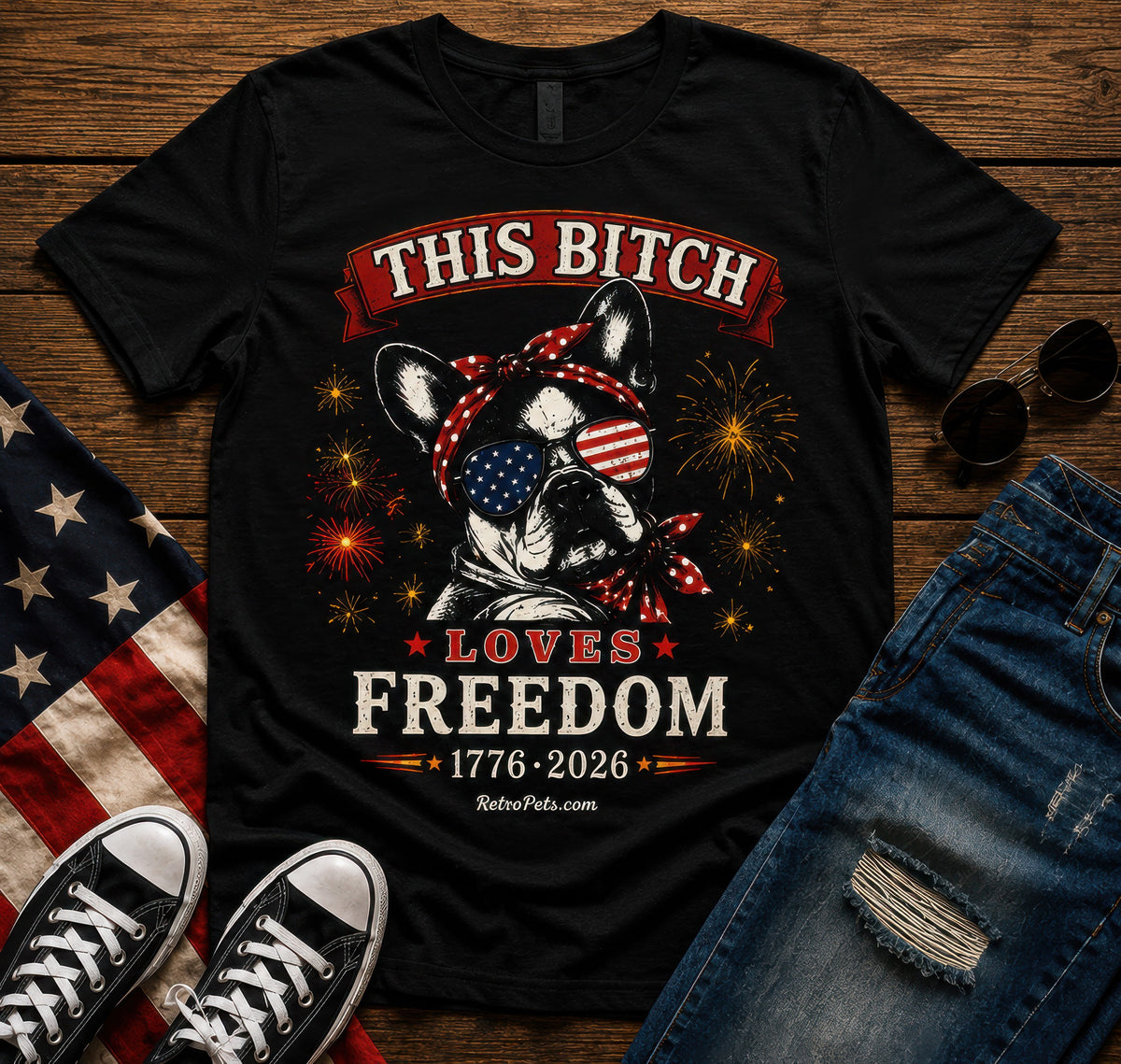 This Bitch Loves Freedom T-Shirt | Patriotic French Bulldog 4th of July Tee