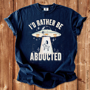 Retro UFO graphic illustration abducting a dog with I'd Rather Be Abducted lettering on a Comfort Colors t-shirt