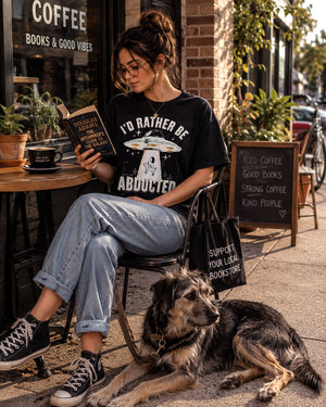 Retro UFO graphic illustration abducting a dog with I'd Rather Be Abducted lettering on a Comfort Colors t-shirt