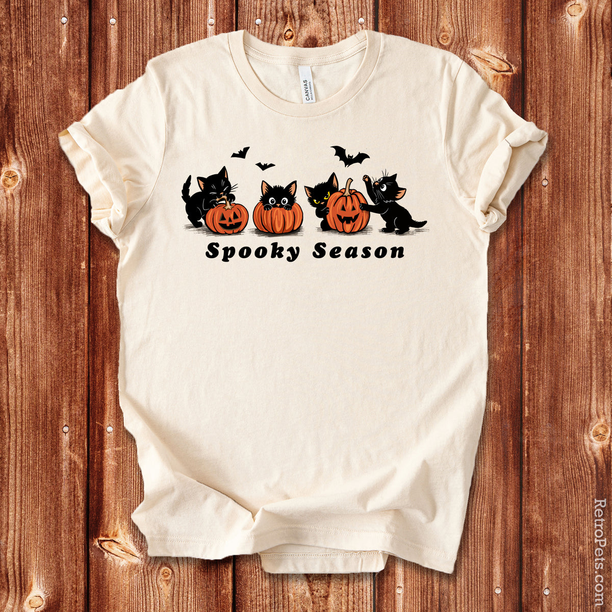 Spooky Season Halloween cat t-shirt in Natural, flat lay