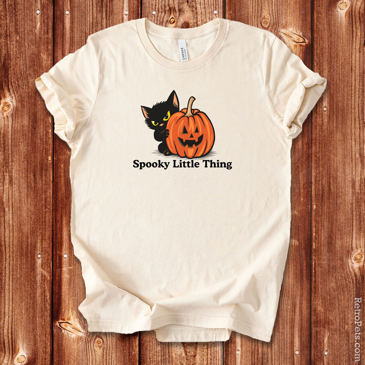 Spooky Little Thing Halloween t-shirt with retro black cat and jack-o'-lantern art by Retro Pets