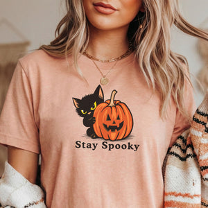 Person wearing the Stay Spooky Halloween cat t-shirt, alternate color