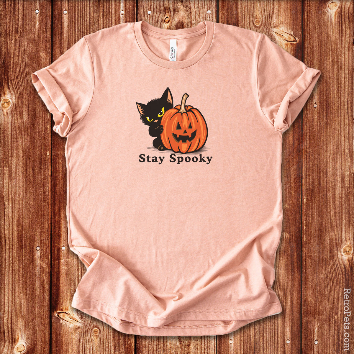 Stay Spooky Halloween cat t-shirt on a plain background