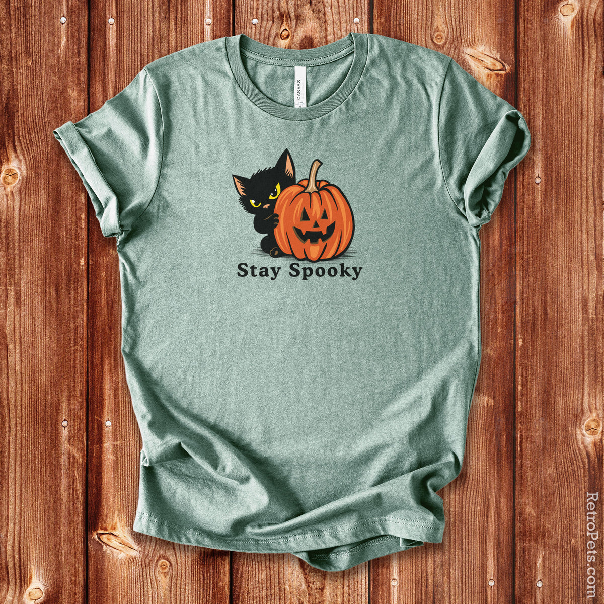 Stay Spooky Halloween cat t-shirt, flat lay