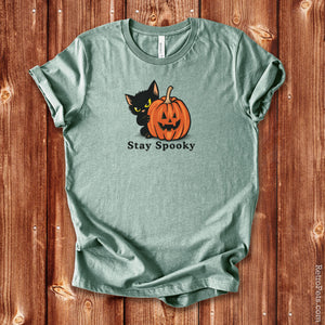 Stay Spooky Halloween cat t-shirt, flat lay