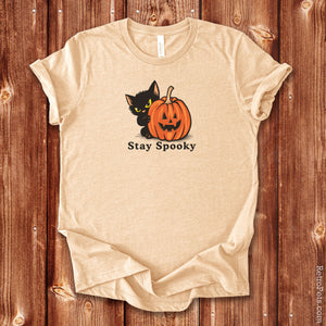 Stay Spooky Halloween cat t-shirt, front view