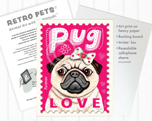 Pug Dog Art, Pug Gifts, Pug Art Print, Pug LOVE Stamp | Retro Pets