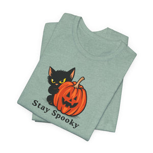Stay Spooky Halloween cat t-shirt, detail of the retro print