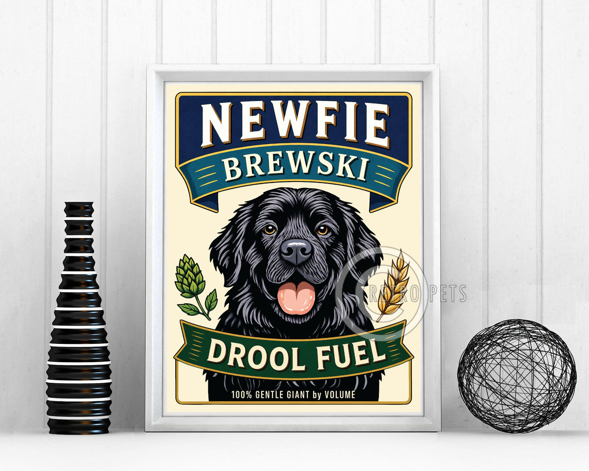 Black Newfoundland art print in white frame