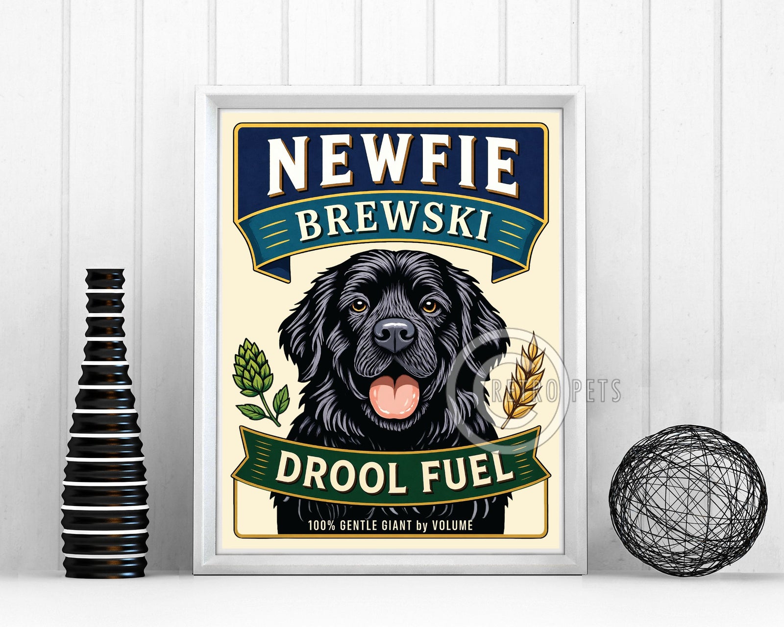 Black Newfoundland art print, Newfie Brewski, by Krista Brooks