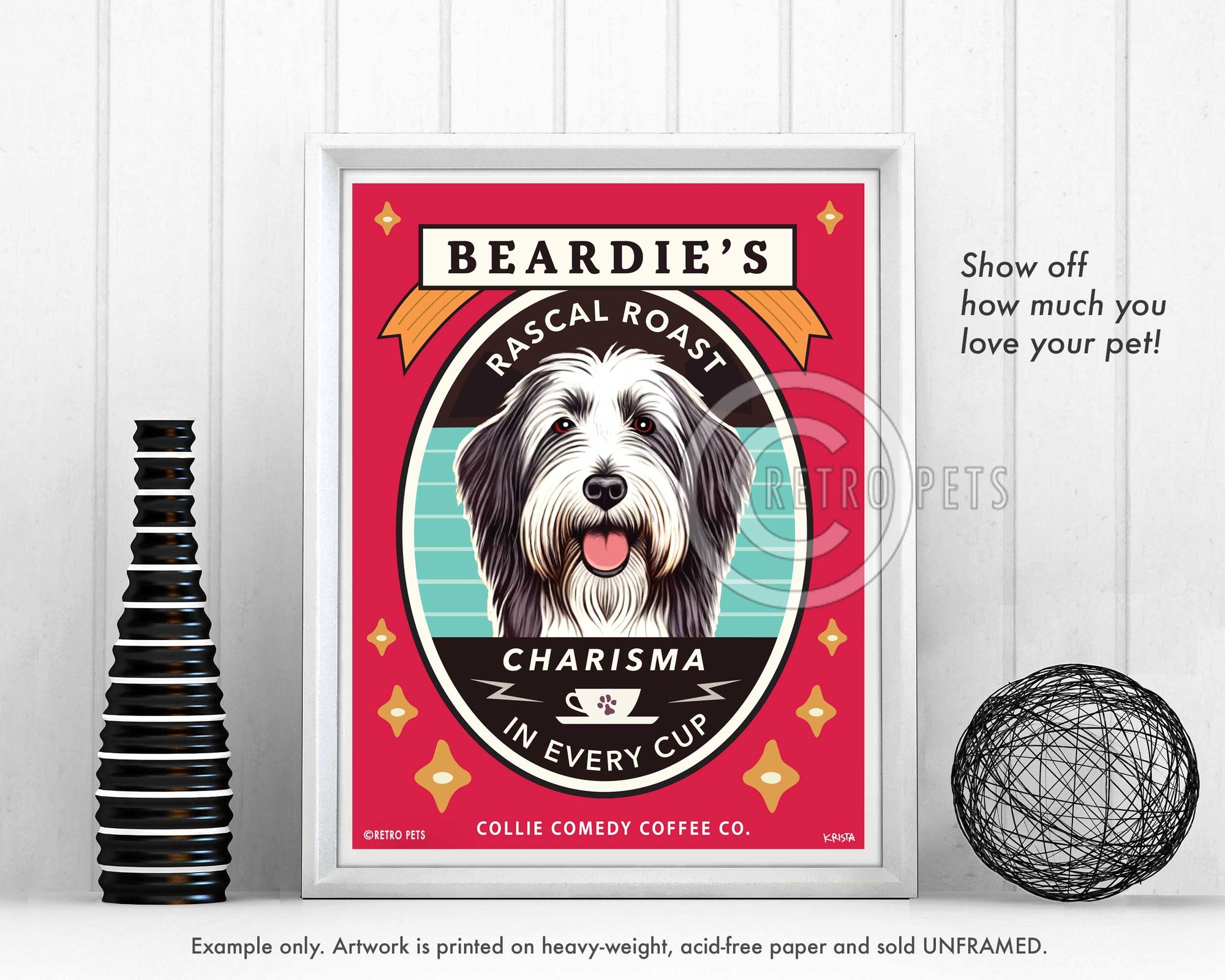 Bearded Collie Art Print | "Beardie's Rascal Roast" | Funny Dog Coffee Wall Art | Kitchen Decor | Bearded Collie Lover Gift