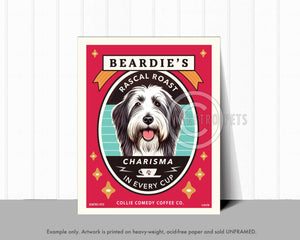 Bearded Collie Art Print | "Beardie's Rascal Roast" | Funny Dog Coffee Wall Art | Kitchen Decor | Bearded Collie Lover Gift